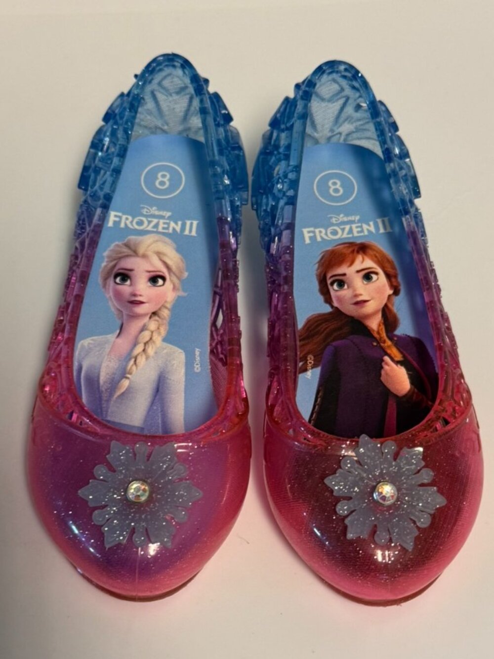 Disney Frozen II Girls Pink and Blue Jelly Heels with Elsa & Anna, size 8